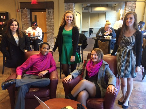 [Left to Right] Morgan Tilton, Malik Alleyne-Jones, Kelaiah Clark, Taylor Gray and Kara Barnett relax after the competition.